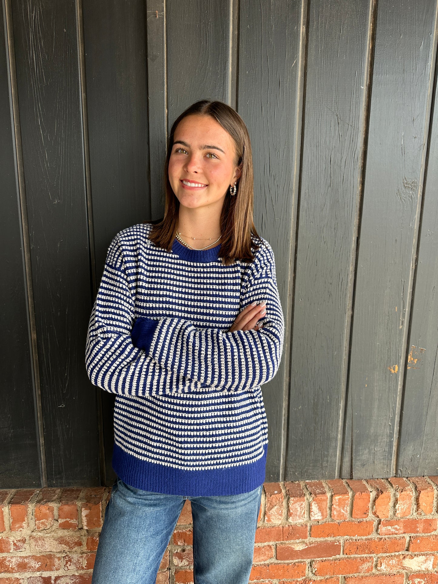 Blue 2 Tone Waffle Striped Pullover Sweater