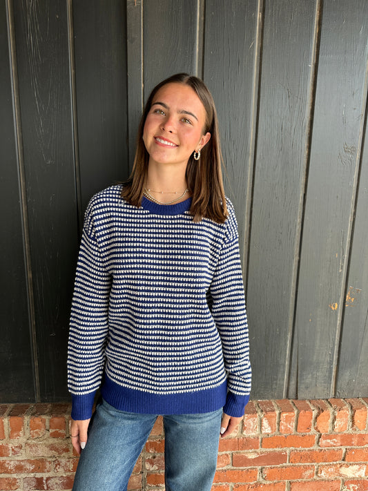 Blue 2 Tone Waffle Striped Pullover Sweater
