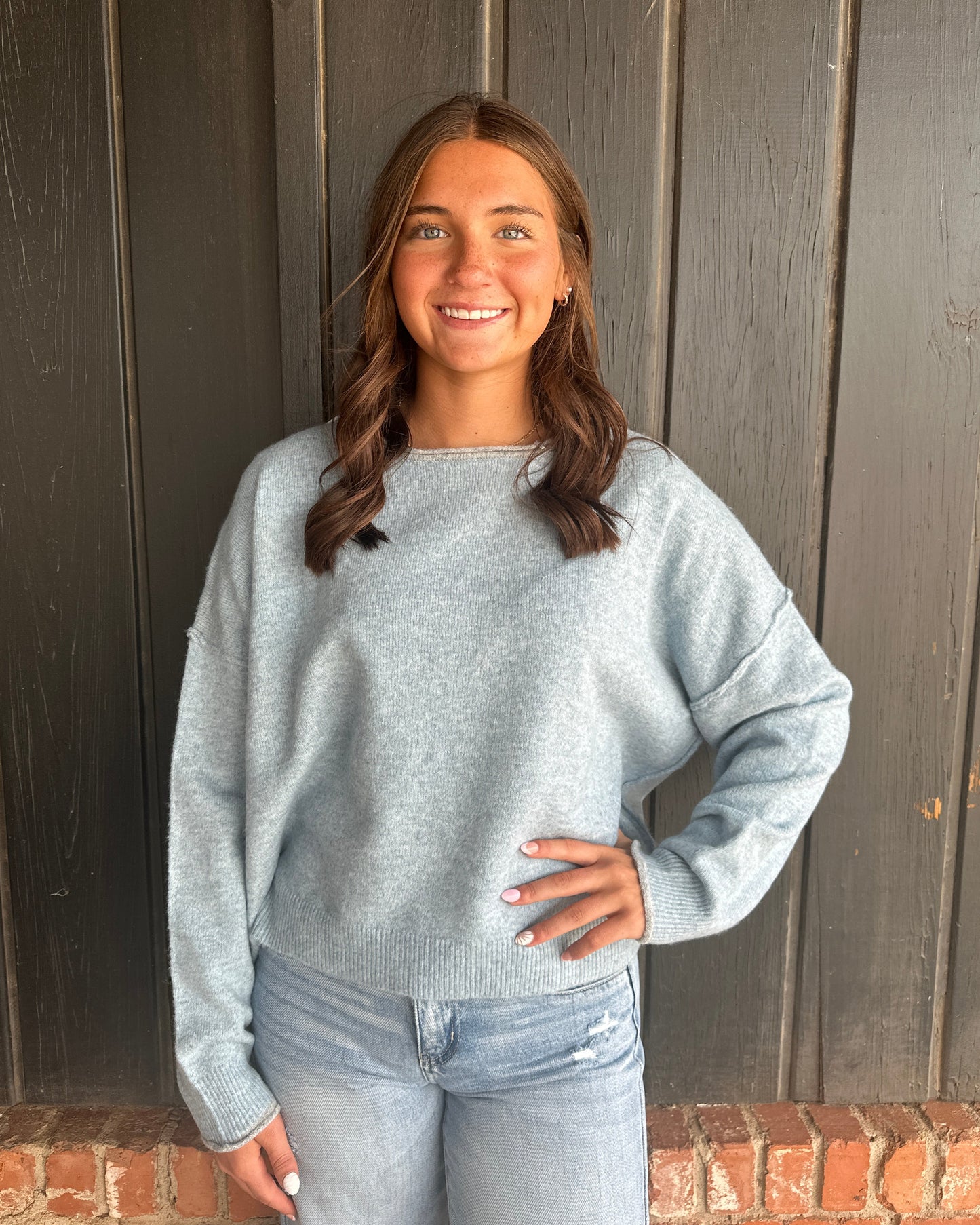 Light Blue Relaxed Wide Neck Knit Sweater