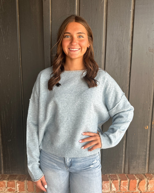 Light Blue Relaxed Wide Neck Knit Sweater