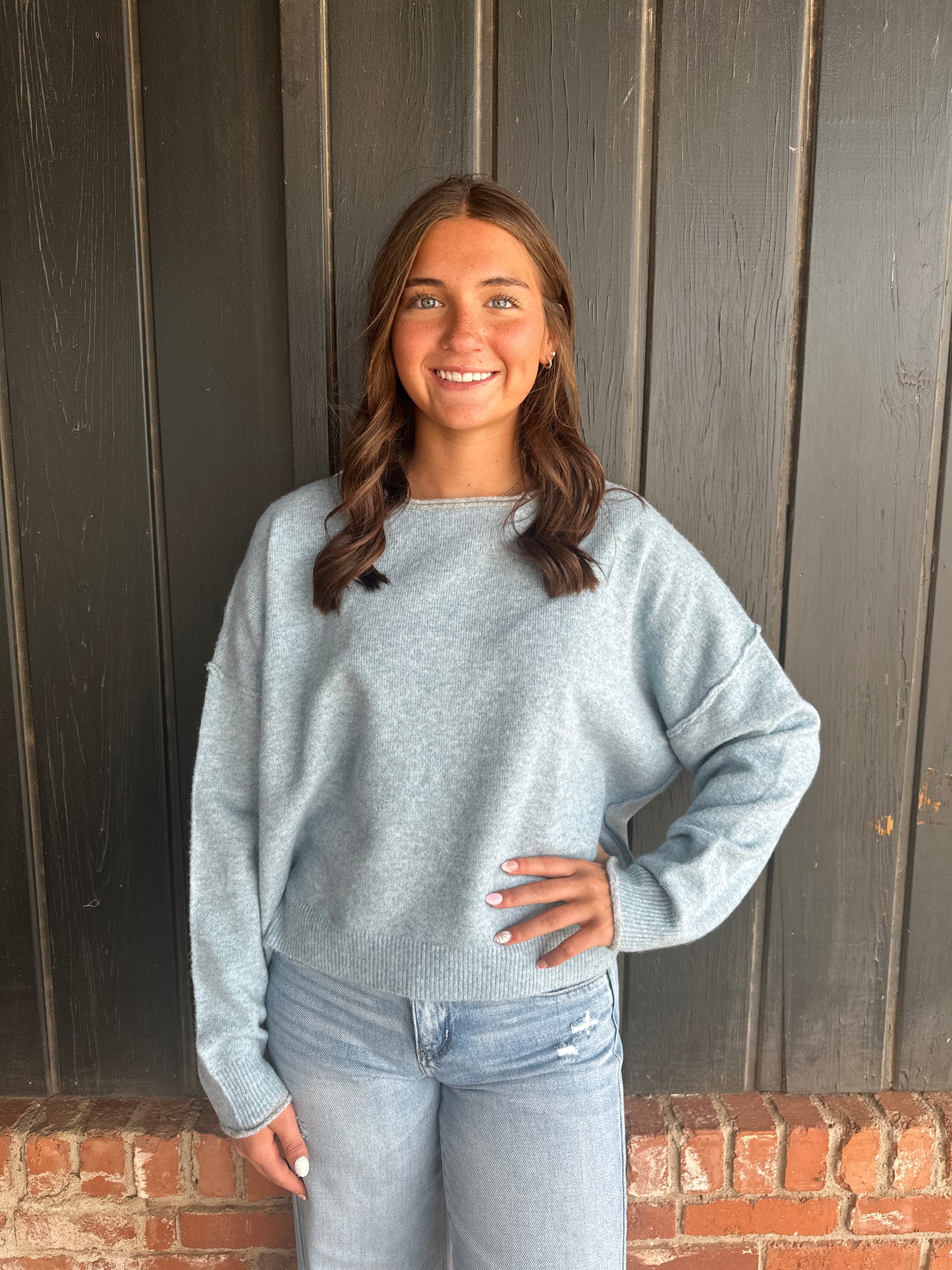 Light Blue Relaxed Wide Neck Knit Sweater