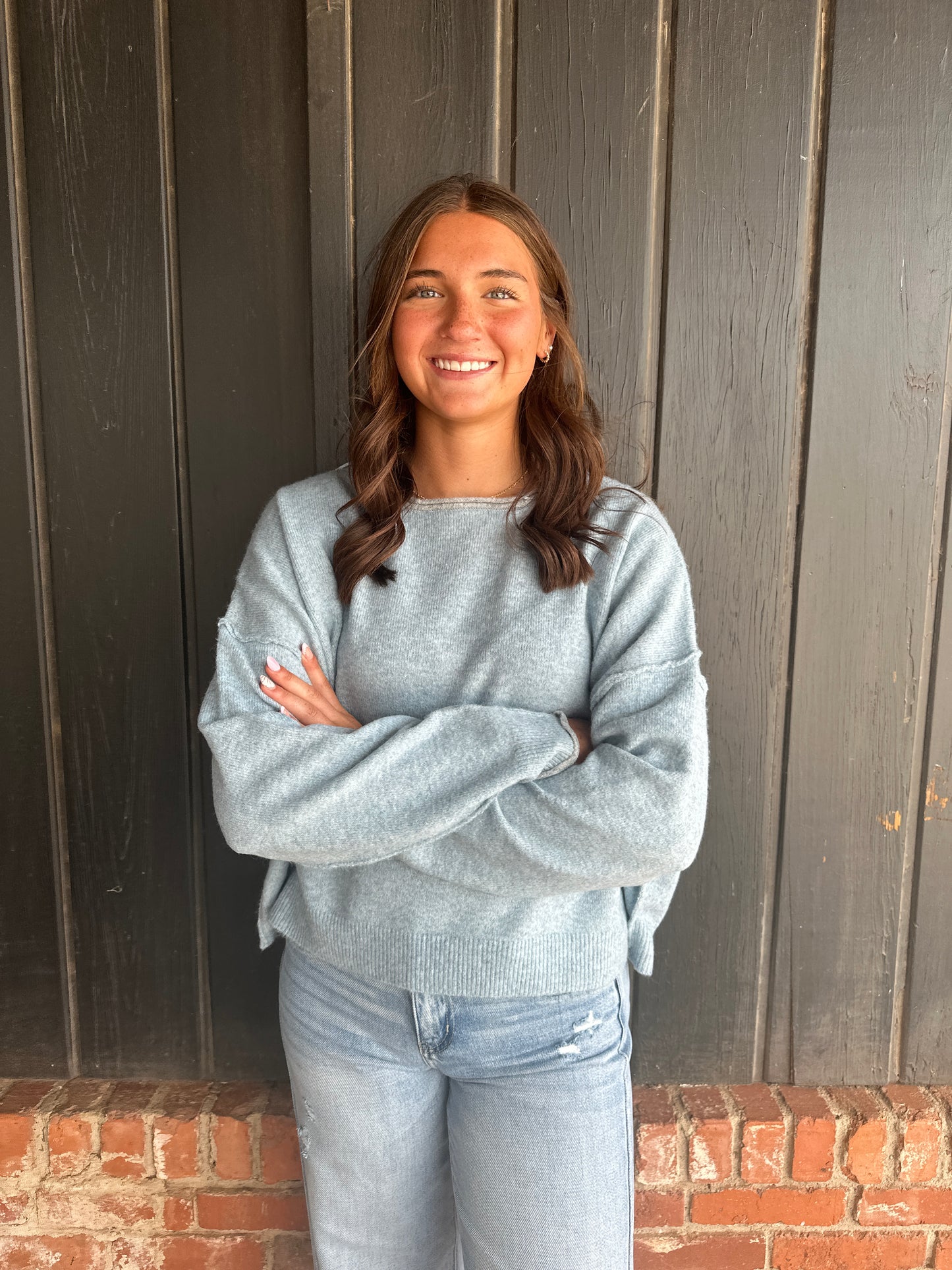 Light Blue Relaxed Wide Neck Knit Sweater