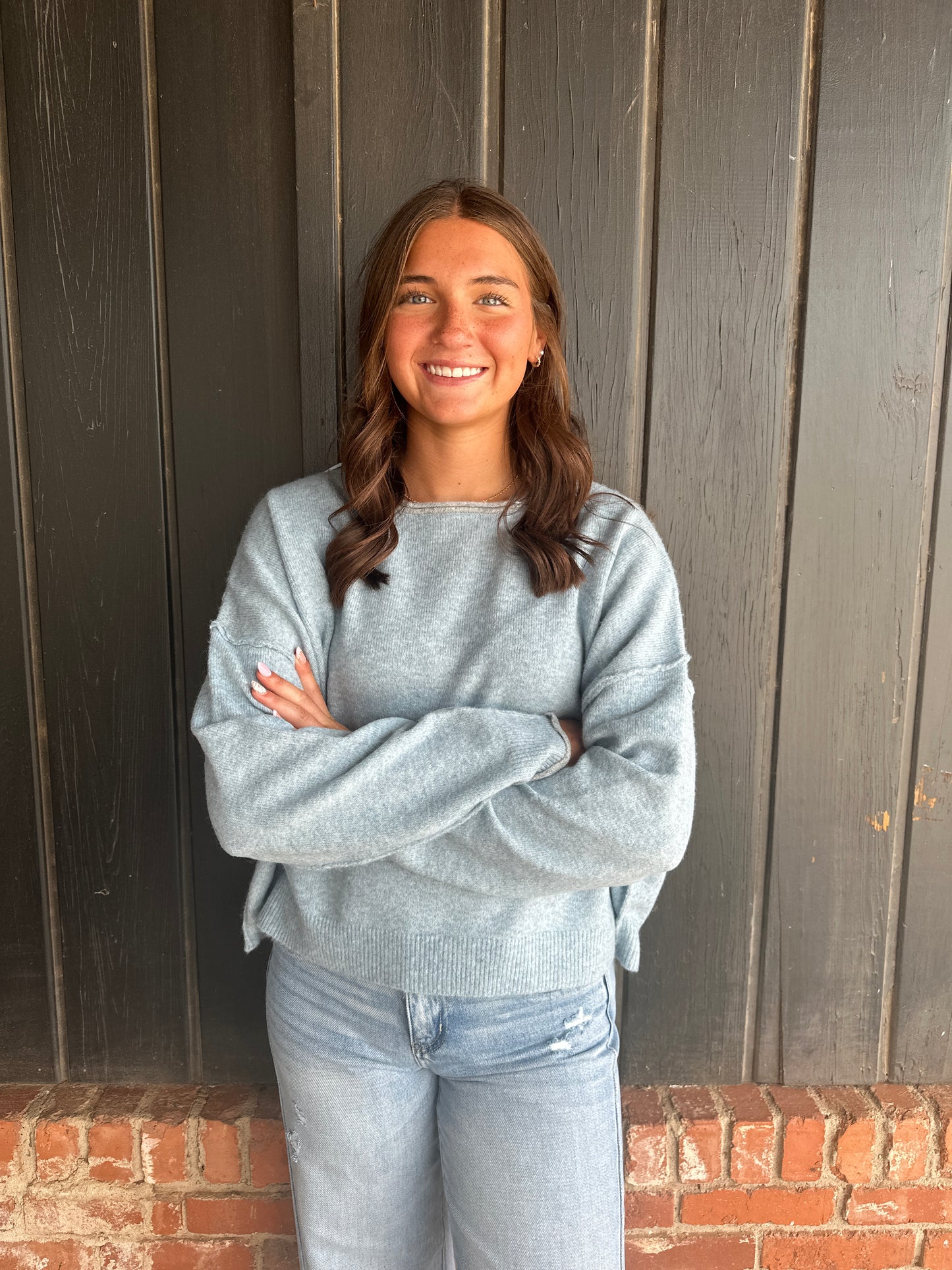 Light Blue Relaxed Wide Neck Knit Sweater