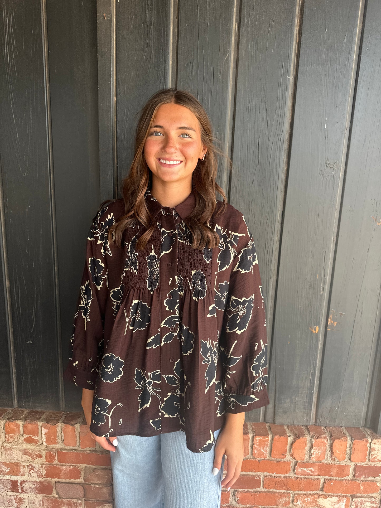 Brown printed long sleeve top