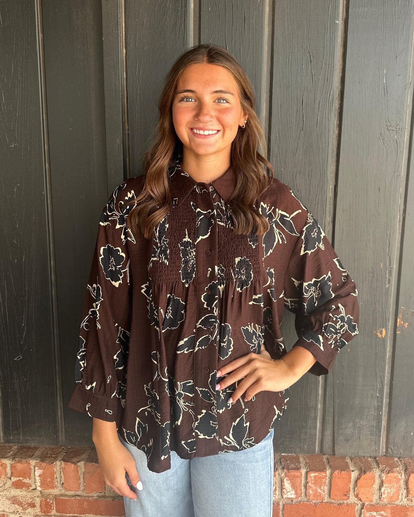 Brown printed long sleeve top