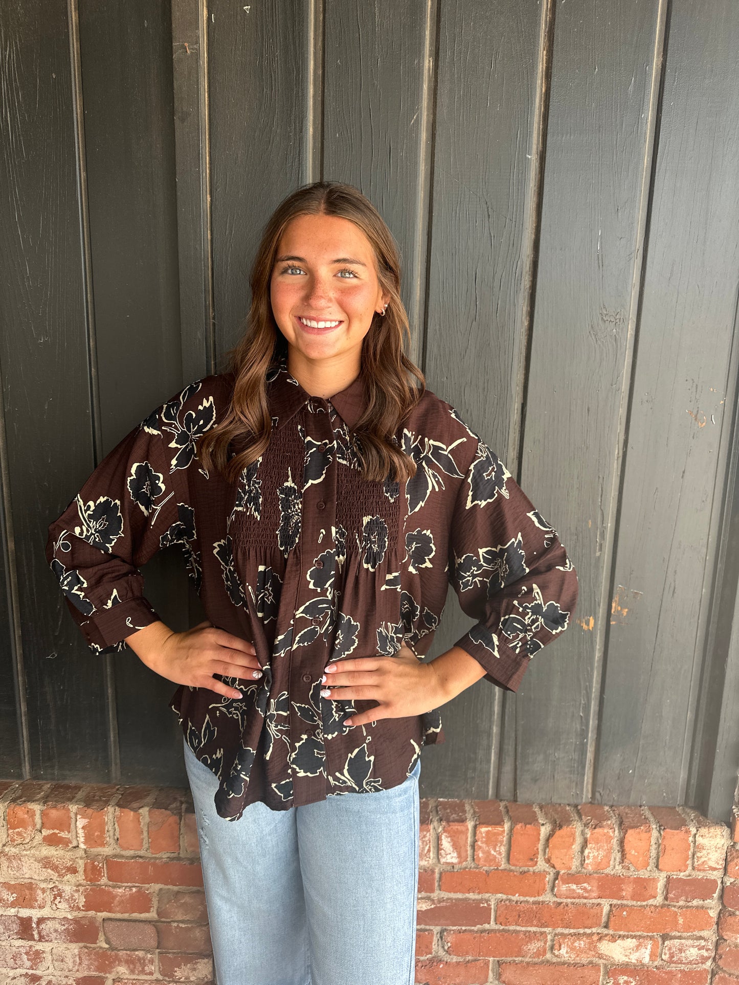 Brown printed long sleeve top
