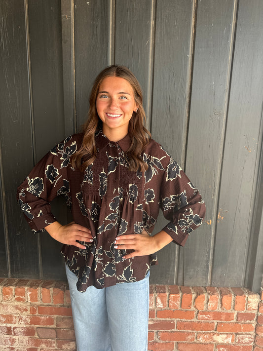 Brown printed long sleeve top