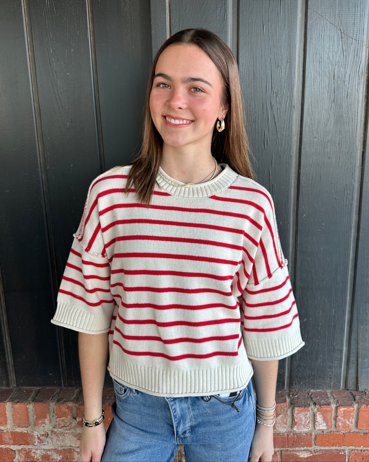 Red Stripe Raw Edge Drop Shoulder Short Sleeve Sweater