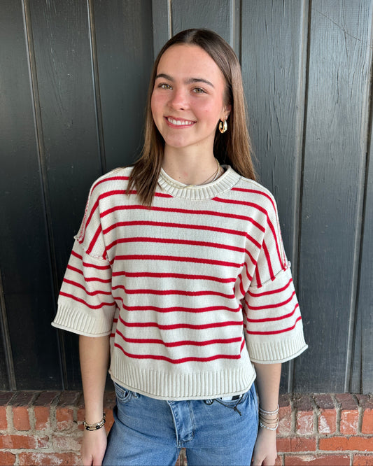 Red Stripe Raw Edge Drop Shoulder Short Sleeve Sweater