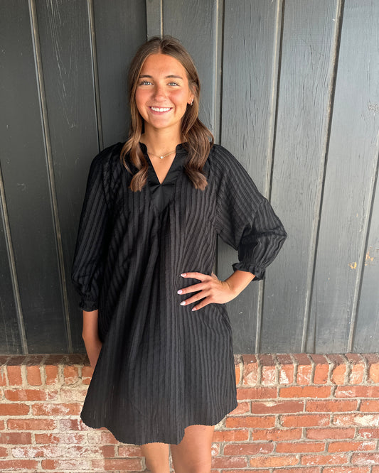 Black Textured Split Neck Mini Dress with Contrast Trim