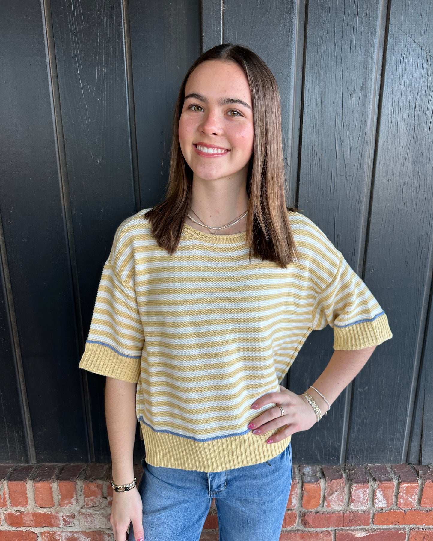 Yellow Stripe Raw Edge Detail Contrast Trim Sweater