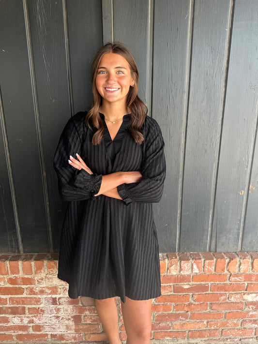 Black Textured Split Neck Mini Dress with Contrast Trim