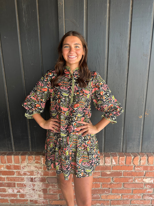 Black Boho Paisley Print Tiered Mini Dress