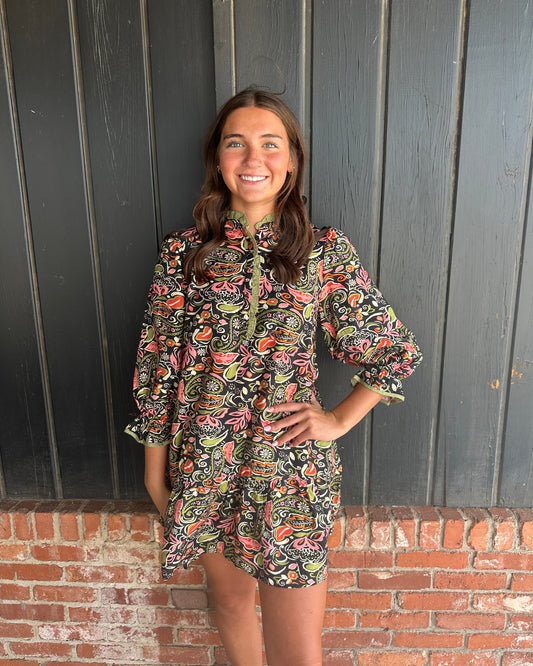 Black Boho Paisley Print Tiered Mini Dress