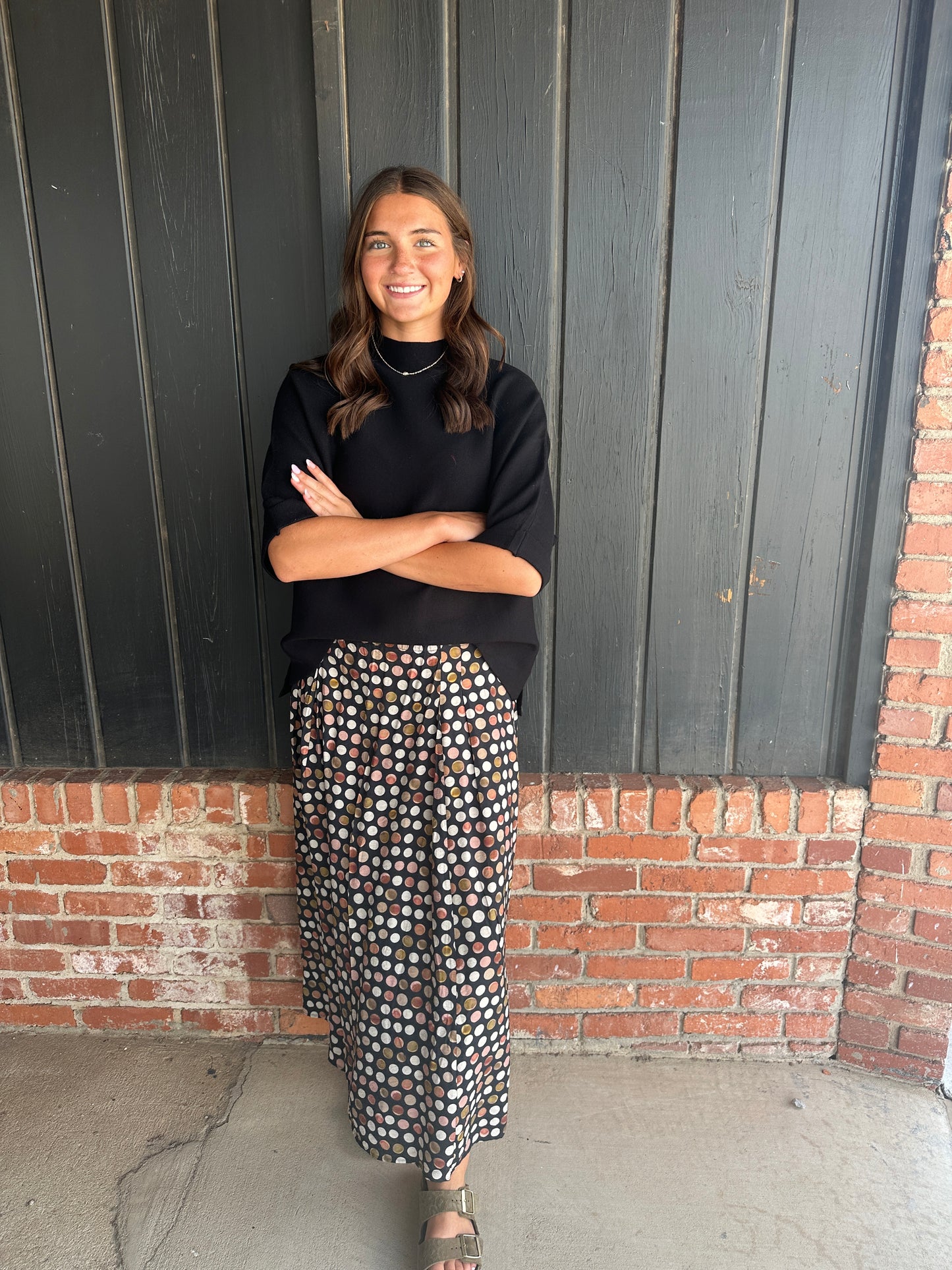 Black Polka Dot Pleated Maxi Skirt