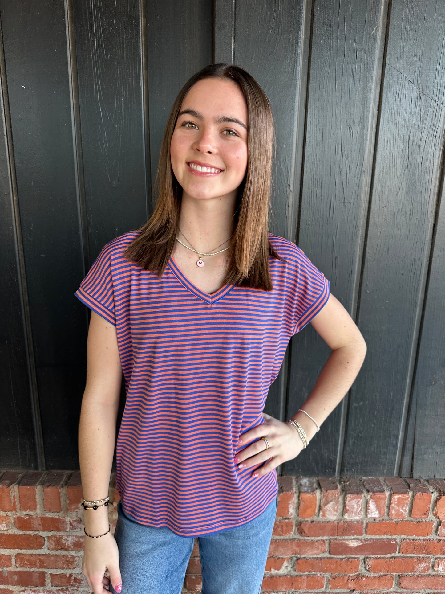 Orange and Royal V Neck Short Sleeve Striped Top