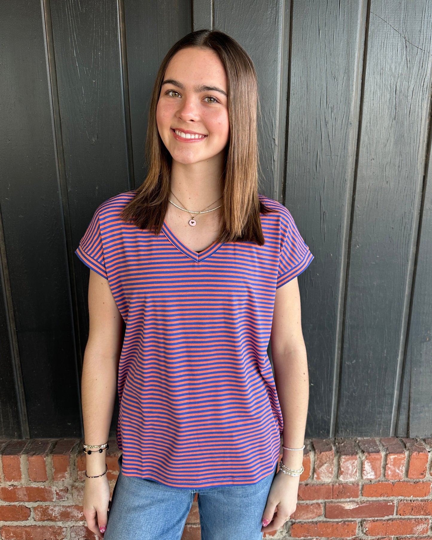 Orange and Royal V Neck Short Sleeve Striped Top