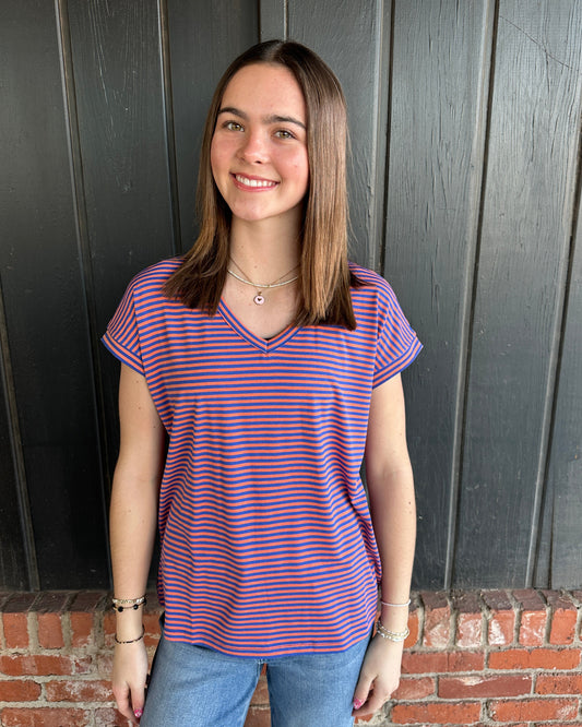 Orange and Royal V Neck Short Sleeve Striped Top