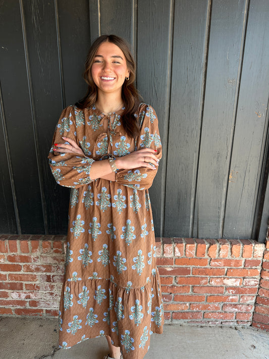 Brown Floral Midi Dress