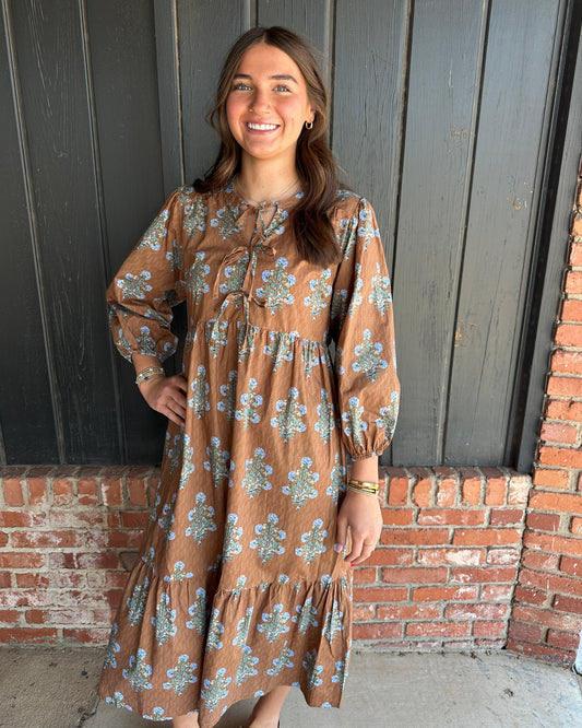 Brown Floral Midi Dress