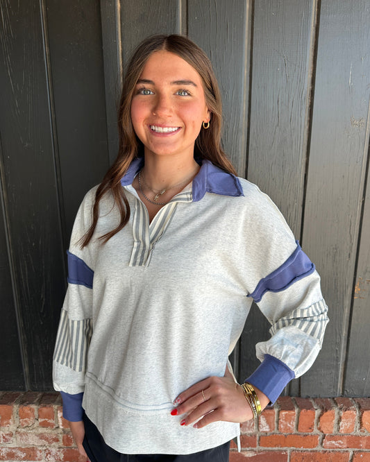 Blue and Gray Cut Edge Detail Stripe Block French Terry Pullover