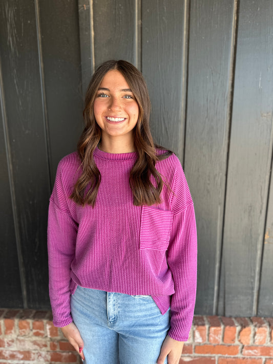 Plum Ribbed long sleeve pocket top