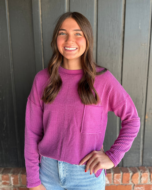 Plum Ribbed long sleeve pocket top
