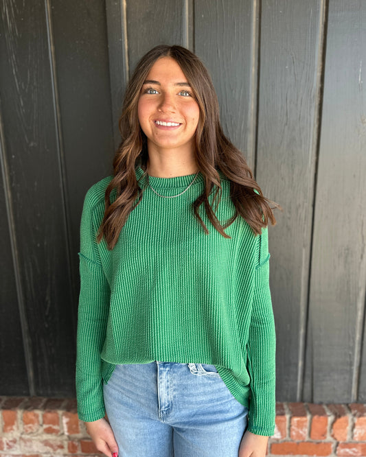 Kelly Green Ribbed Long Sleeve Top