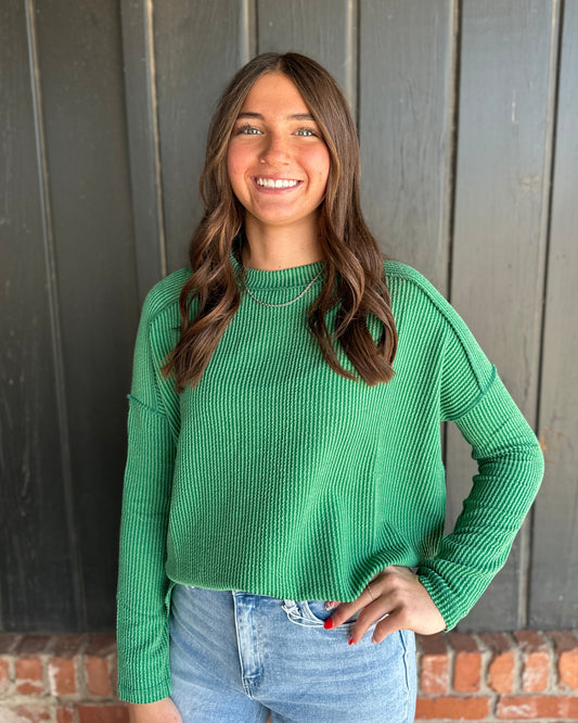 Kelly Green Ribbed Long Sleeve Top