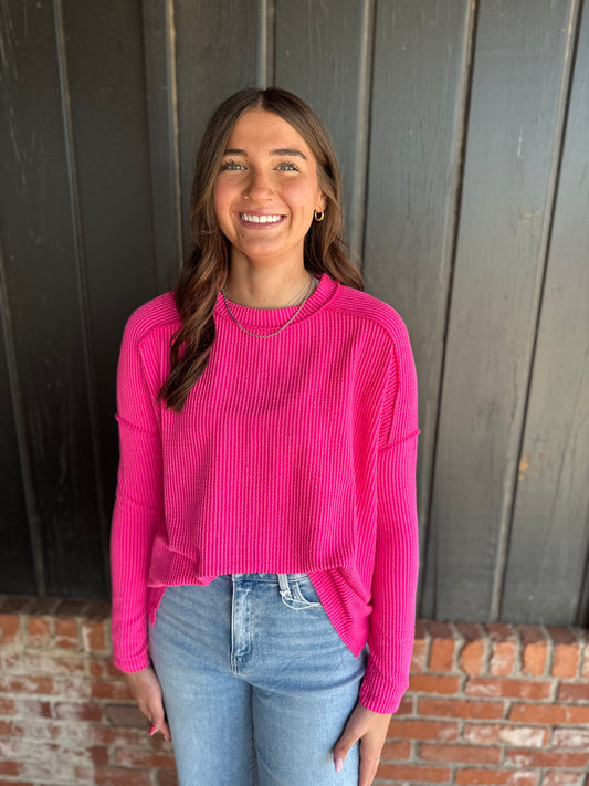 Hot Pink Ribbed Long Sleeve Top