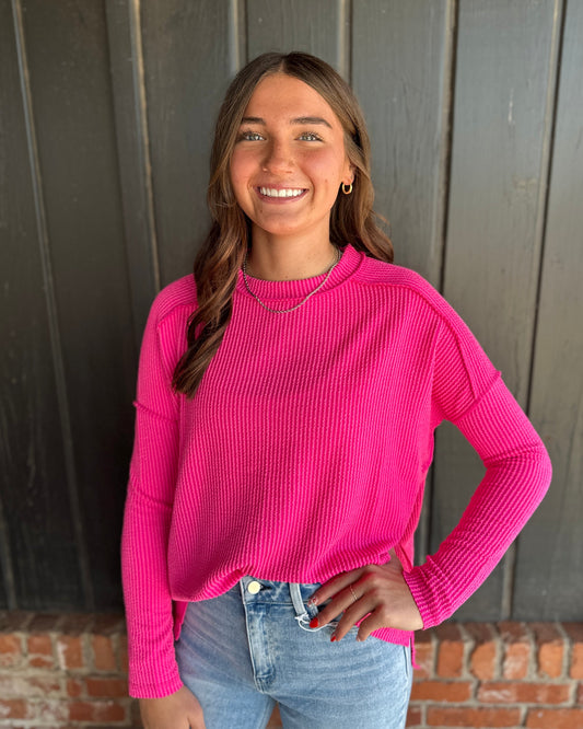 Hot Pink Ribbed Long Sleeve Top