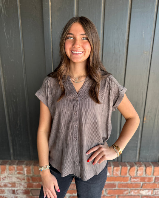 Mocha Pinstripe Short Cuff Sleeve Button Down Shirt