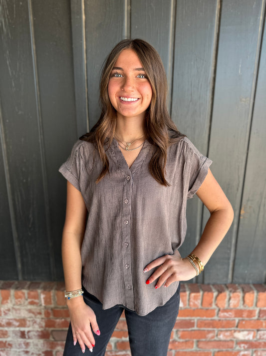 Mocha Pinstripe Short Cuff Sleeve Button Down Shirt