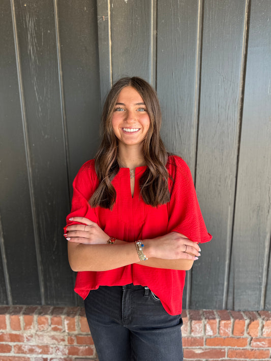 Red Slit Neck, Cape Sleeve Top