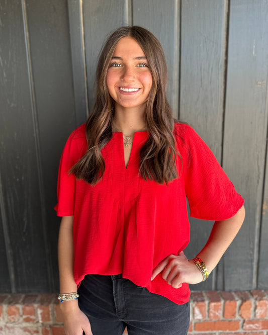 Red Slit Neck, Cape Sleeve Top