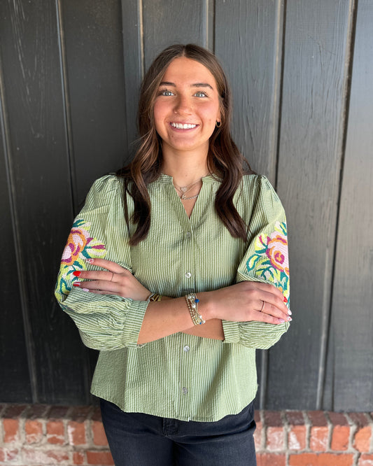 Olive Puff Sleeve embroidered top