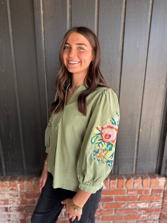 Olive Puff Sleeve embroidered top