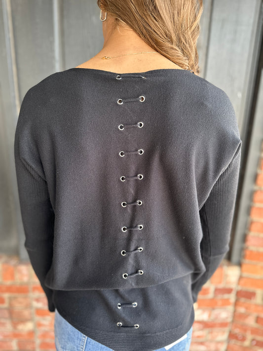 Black Plushy Knit Crewneck Lace up Detail