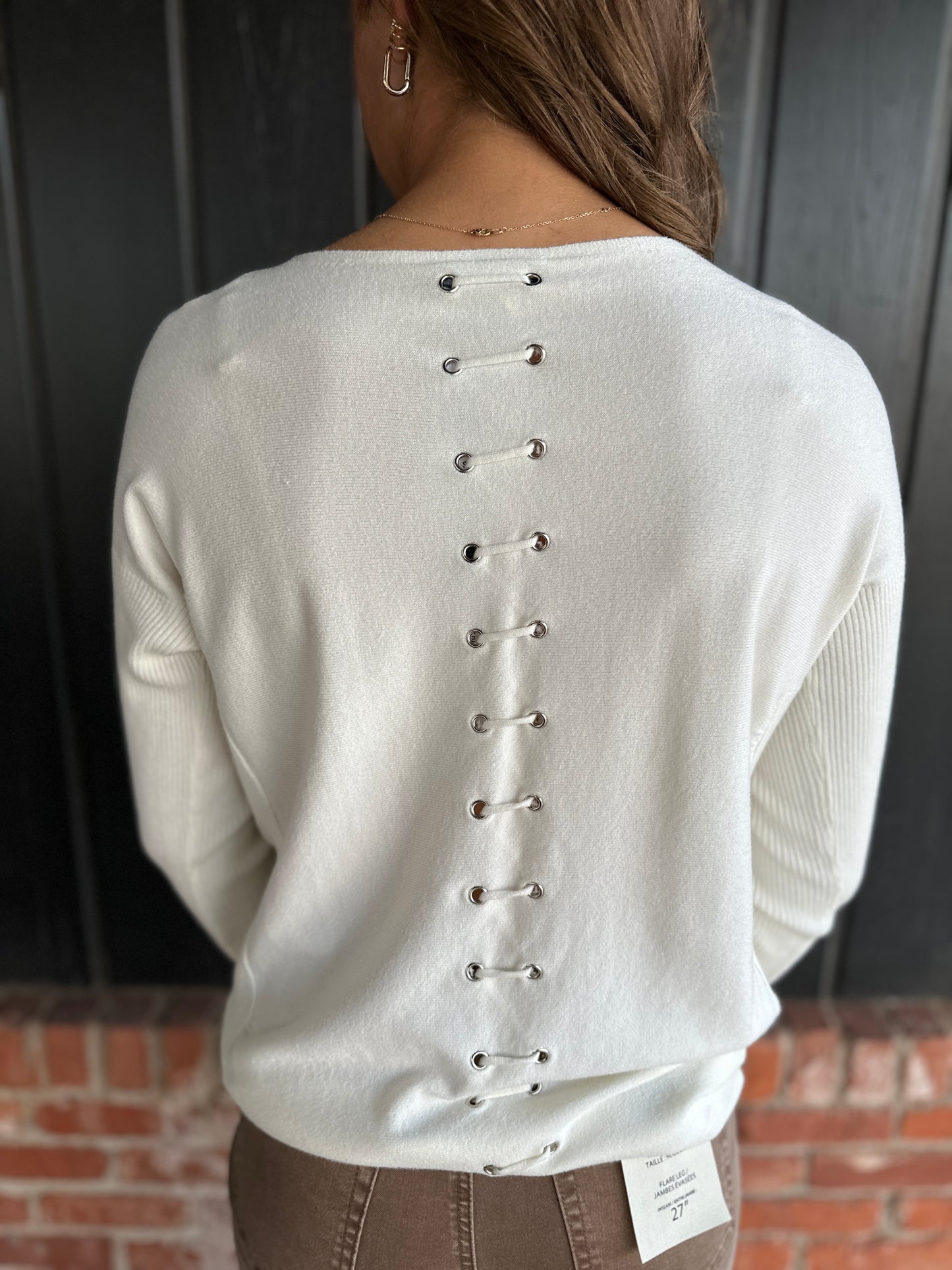 Ecru Plushy Knit Crew Neck Sweater with Lace up detail