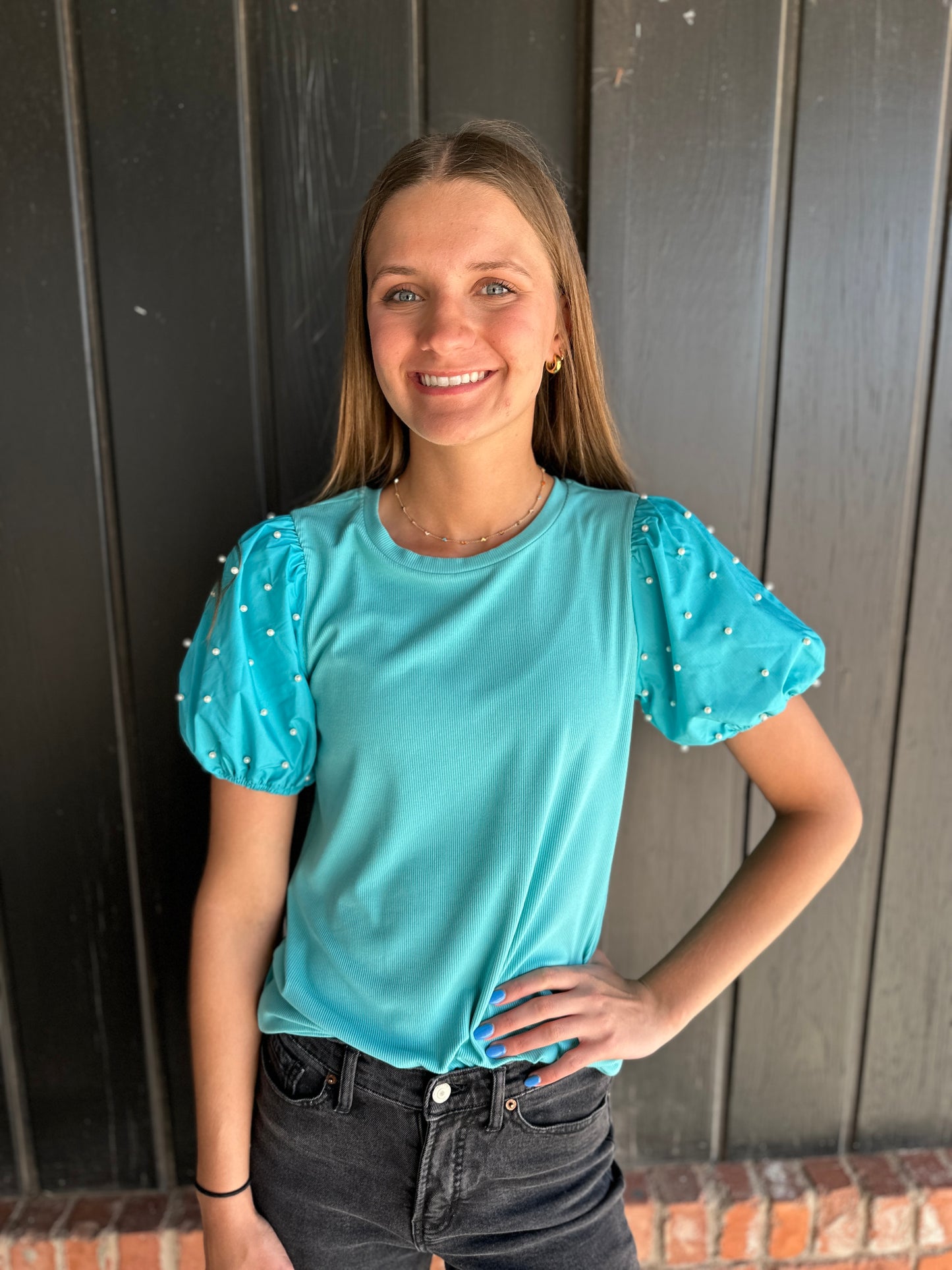 Turquoise Pearl Beaded Short Sleeve Puff Top