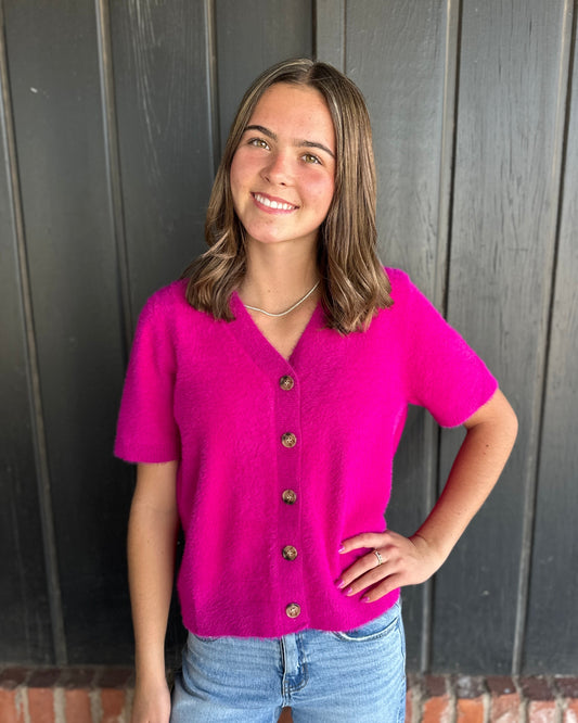 Magenta Short Sleeve Fuzzy Sweater