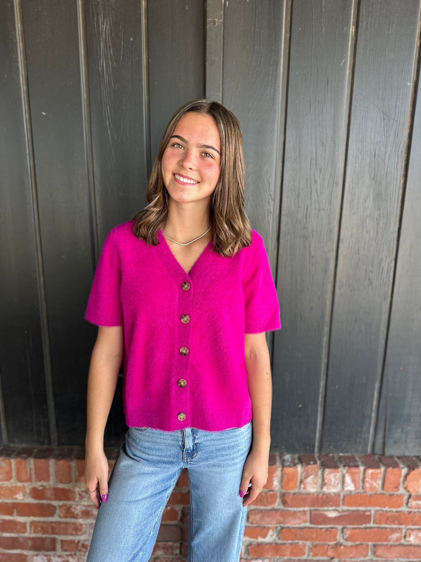 Magenta Short Sleeve Fuzzy Sweater