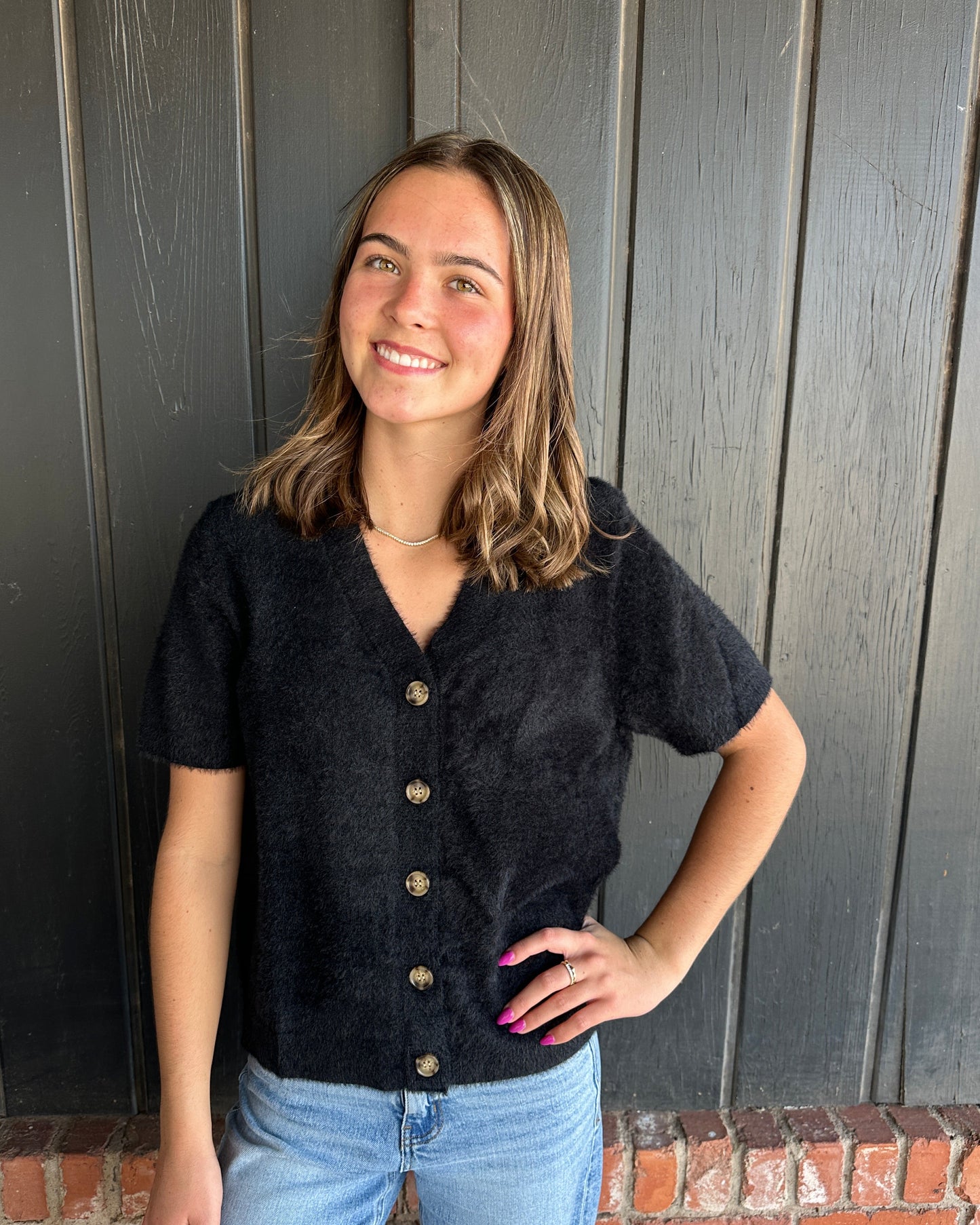 Black Short Sleeve fuzzy sweater