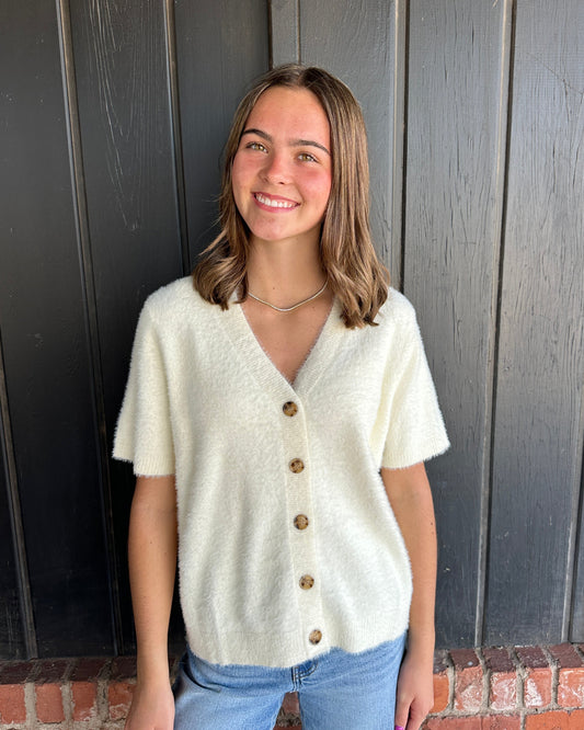 Cream Short Sleeve Fuzzy Sweater
