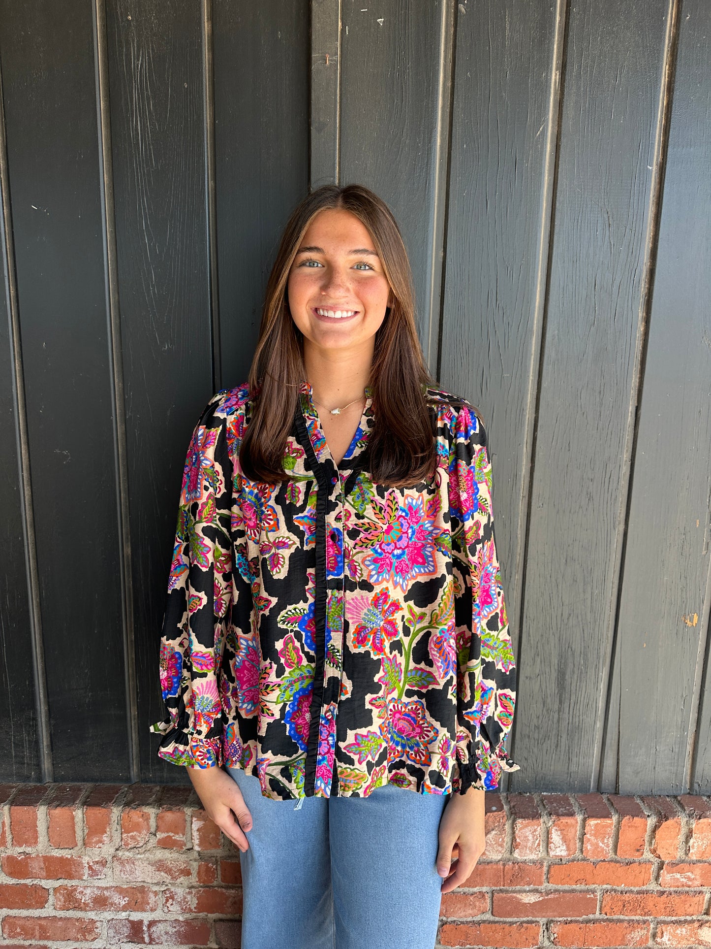 Black Mixed Floral Print Button Down Blouse
