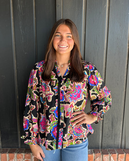 Black Mixed Floral Print Button Down Blouse