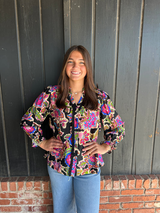 Black Mixed Floral Print Button Down Blouse