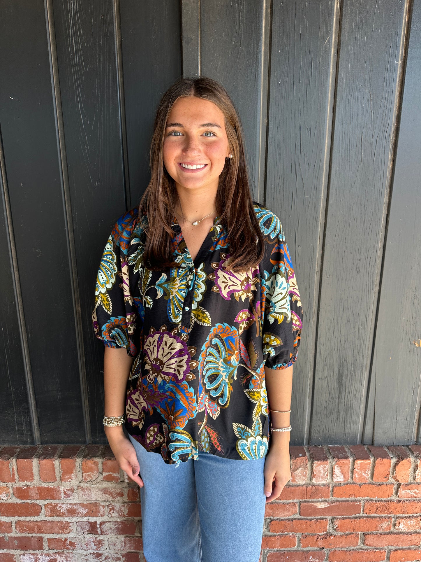Black Boho Paisley Puff Sleeve Blouse
