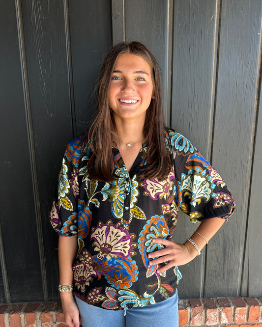 Black Boho Paisley Puff Sleeve Blouse