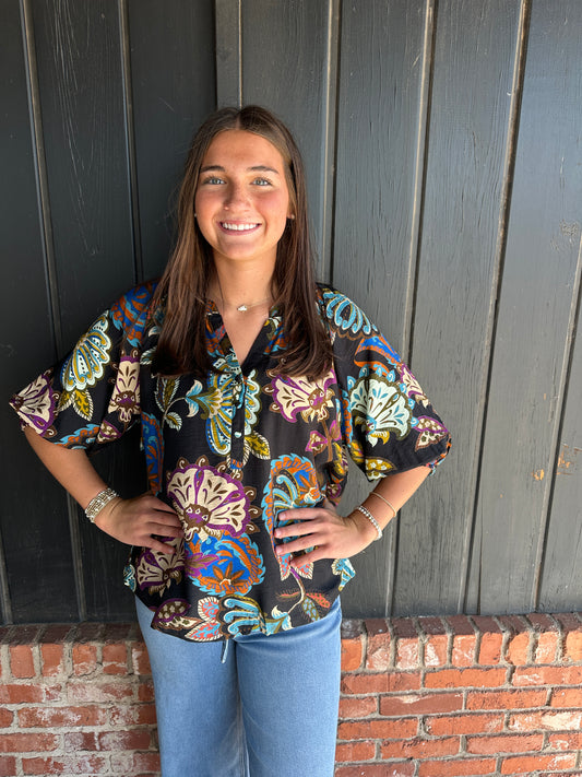 Black Boho Paisley Puff Sleeve Blouse